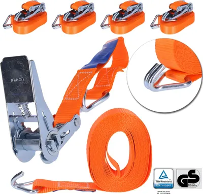 Produktbild von TP 4x Spanngurt, Zurrgurt zur Ladungssicherung 2- 25mm Gurtbreite, 0,8T (800 Kg) mit Spitzhaken - 6m
