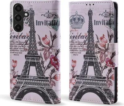 A collage of two images showing a phone case with a vintage Eiffel Tower and floral design.