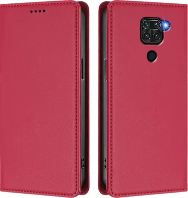 Produktbild von Handyhülle für Xiaomi Redmi Note 9 4G, Kunstleder Klapphülle Stoßfeste Magnetische Hülle mit Ständer Rot