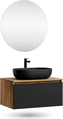 Produktbild von Planetmöbel ARISA Badmöbel Set Schwarz – Mit Nova LED Spiegel und schwarzem Keramik-Aufsatzwaschbecken 60 cm