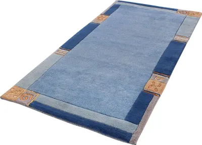 A blue rug with a decorative border is shown from a diagonal angle against a white background.