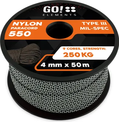 Produktbild von GO!elements 50m Paracord Seil aus reißfester Nylonschnur - 4mm Paracord 550 Typ III Schnur - geeignet als Allzweckseil & Reepschnur - Max. 250kg, Farbe: Schwarz-Weiß