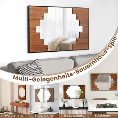 Produktbild von Rechteckiger Spiegel mit Holzrahmen 60 x 95 cm rustikaler Wandspiegel mit Zweirichtungshaken