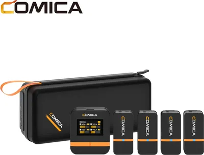 Produktbild von COMICA Vimo Q 2,4 GHz kabelloses Lavalier-Mikrofonsystem, Ansteckmikrofon mit grossem Bildschirm, 200 m uebertragungsreichweite, Rauschunterdrueckung, 16 Stunden Laufzeit, mit Empfaenger + 4 Sender + Ladebox + 2 Adapterkabel + Ladebox + 4 Windschutz, kompatibel mit Android-Smartphones, Tablets, Computern, Laptops, Kameras