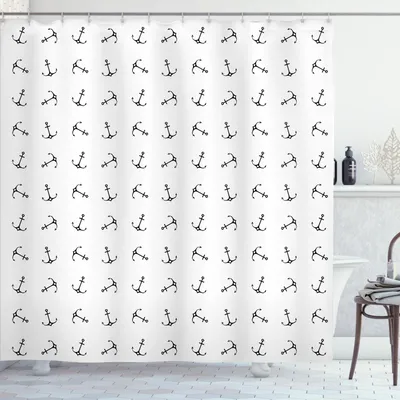 Immagine prodotto di ABAKUHAUS Tenda da doccia con ancore, silhouette vintage monocromatiche di ancore con cuori e tatuaggi nautici, 175 x 240 cm, bianco e nero