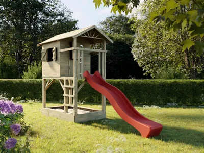 Produktbild von Prestige Garden Braun Grün Stelzenhaus Tree Hut mit Sandkasten, Spielhaus aus Kiefernholz, Kesseldruckimprägniert, Inklusive Leiter und Veranda, Erweiterbar mit Rutsche