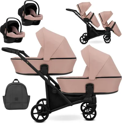 Image de Kunert BRAV DUO 3 en 1 poussette double avec 2x Cosmo coques bébé en rose et roues jaunes