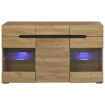 Produktbild von okwish LED Sideboard Schrank mit 3 Türen 3 Schubladen Moderne Kommode Schubladenkommode Natur
