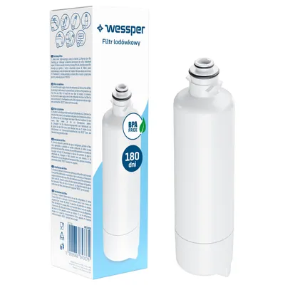 A product shot of a refrigerator water filter and its packaging, presented against a white background.