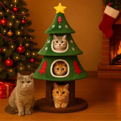 A festive Christmas scene with cats interacting with a Christmas tree-shaped cat tree near a fireplace.