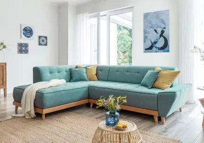 Produktbild von MIUFORM Dazzling Daisy - Ecksofa mit Bettfunktion und Bettkasten L-FORM LINKS - 253x190cm - Türkis - Sofa Schlafsofa Couch