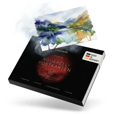 Produktbild von LIEBERGE Premium Aquarellpapier A6 300g – Germany – 25 Blatt Aquarellblock | Aquarell Postkarten | Watercolor Paper