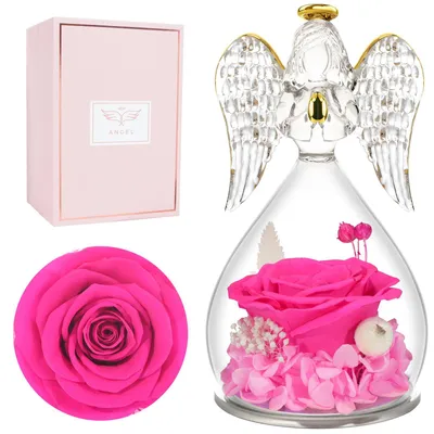 Ewige Rose mit Engel-Figur, Geschenk für Damen, 13 cm, rosa