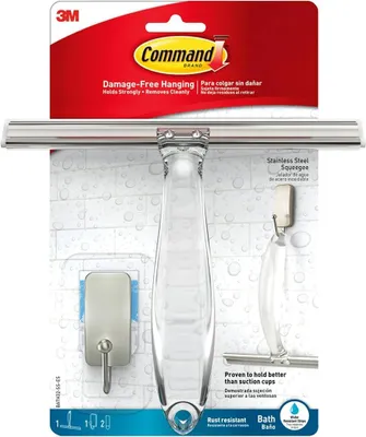 Immagine prodotto di Command™ Raschietto per bagno e doccia, acciaio inossidabile e nichel satinato BATH32, 1 raschietto + 1HK + 2 strisce S | Confezione (1 set)