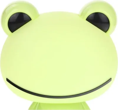 A close-up front view of a light green frog-shaped desk lamp.