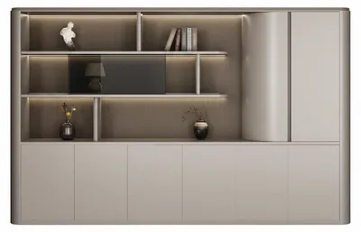 Image de Armoire de bureau moderne avec des étagères ouvertes et un éclairage élégant