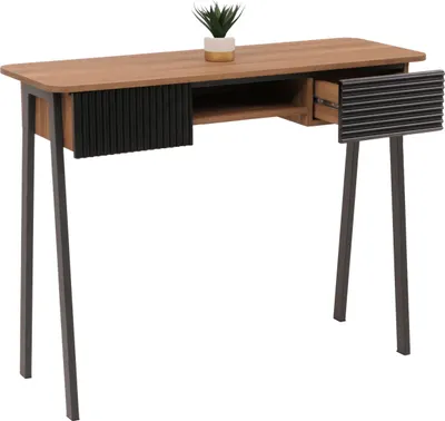 A console table with drawers and a plant on top, shown against a white background.