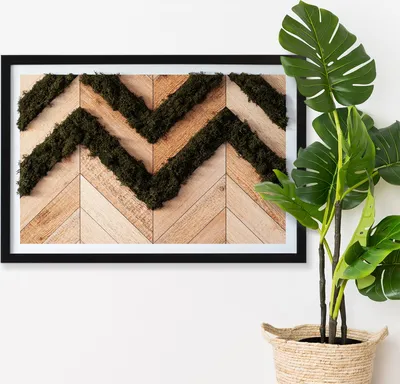 Produktbild von Moosbild mit Echtem Isländisch Moos - 60x40 cm - Schwarzer MDF-Rahmen - Fischgrätdielen
