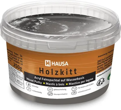Produktbild von HAUSA Holzkitt 250 g Ebenholz Holzspachtelmasse, Kitt für Holz, Holzspachtel/Füllmasse zum Reparieren von Holzschäden gebrauchsfertig ausgezeichnete Füllkraft schnelltrocknend rissbeständig