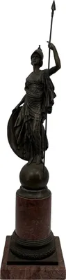 Produktbild von Casa Padrino Luxus Jugendstil Deko Skulptur Göttin mit Speer Bronze / Rot  22 x 26 x H. 108 cm - Große Bronze Skulptur mit Marmorsockel - XXL Bronze Figur - XXL Bronze Skulptur - Bronze Skulpturen