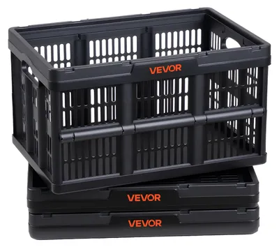 Zdjęcie produktu dla VEVOR Składane pojemniki 45 l, zestaw 3 szt., składane pojemniki z tworzywa sztucznego, kosze z uchwytami, które można ustawiać jeden na drugim, nośność 15 kg na pojemnik, idealne do organizacji przestrzeni w domu, kolor czarny