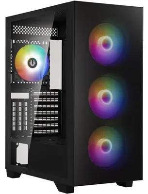 Image de Boîtier PC de type tour moyen BITFENIX Flow, couleur noire, compatible ATX, équipé de 4 ventilateurs ARGB de 120 mm, avec façade en mesh et fenêtre latérale en verre trempé