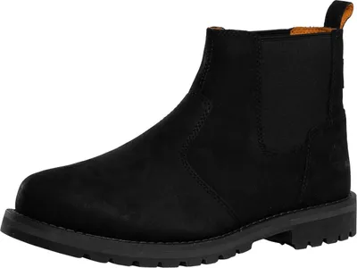 A single black Chelsea boot is shown against a white background.
