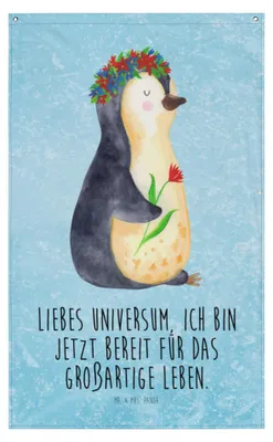 Produktbild von Mr. & Mrs. Panda Wandbild Pinguin Blumen - Eisblau - Geschenk, Ziele, Positiv, Wandteppich, Stoffbild, Tapestry, Boho, Leben, Wandtuch