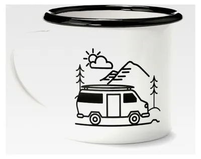 Produktbild von Emaille Tasse, Camping Becher, Kaffeetasse mit Henkel, leicht und robust, 380ml, Weiß mit Motiv