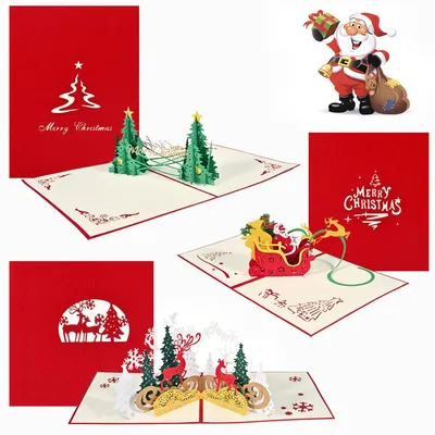 3D Pop-up Weihnachtskarten mit Umschlägen, 3 Stück, Weihnachtsmotive