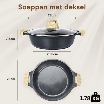Obrázek produktu pro Hrnec s poklicí o průměru 28 cm, nerezová ocel s keramickým nepřilnavým povrchem, vyrobený z hliníku, vhodný pro všechny typy sporáků, včetně indukce a trouby, výška 7,5 cm