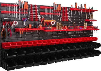 A wall-mounted tool organizer with various tools and storage bins.