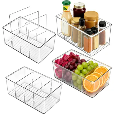 4 Aufbewahrungsboxen mit Trennwänden, transparent, stapelbar