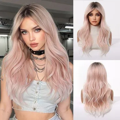 Produktbild von Geldige Haarpruik für Damen, rosa, 60 cm, waschbar, naturgetreu