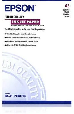 Produktbild von Epson Photo Quality Ink Jet Paper, DIN A3, 102 g/m², 100 Blatt, Matt, 102 g/m², Tintenstrahl, A3, Weiß, Paper