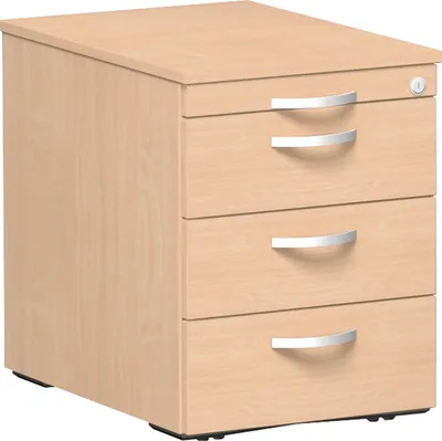 Produktbild von Geramöbel Rollcontainer 3 Kunststoff-Schubfächer und Utensilienschubfach, Metall-Rollschubführung, Zentralverriegelung, verdeckte Doppel-Lenkrollen, 438x600x565, Buche/Buche, S-530151-BB