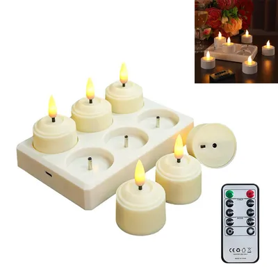 A set of rechargeable LED tea lights with a charging base and remote control, displayed on a white background.