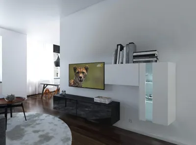 Obrázek produktu pro Furnitech Obývací stěna - Nábytek do obývacího pokoje s LED RGB - 16 barev - Moderní závěsná skříňka - Police a TV skříňka (Cholet AN11-18BW-HG3 1A)