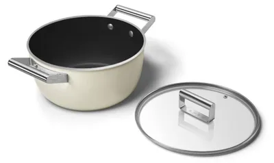 Image de Smeg CSF2412CRM Kasserolle, 24 cm, Keramik, Edelstahlgriff, Cremefarben matt