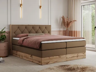 Produktbild von MKS MEBLE King Boxspringbett 140x200 mit Bettkasten Eiche, Polsterbett 140x200 mit Matratze H4, Bett 140x200 mit Kopfteil, Bett mit Holzrahmen in Wotan Eiche - Braun Kunstleder - Veneto King