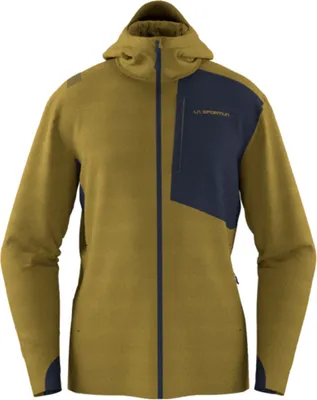 Midlayer Jacke "Descender Storm Jkt M" von La Sportiva in gelb mit blauen Akzenten und Kapuze.