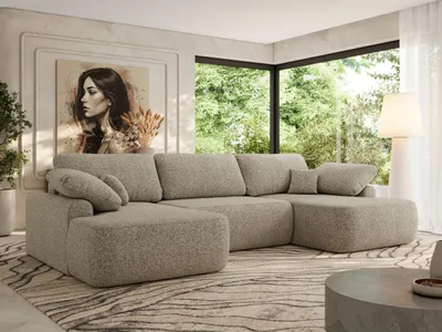 Produktbild von MKS MEBLE U-förmige Eckcouch, Wellenfeder, Ecksofa mit Schlaffunktion, Bettkasten und lose Kissen, 370x187x100cm - CUBO U - Dunkelbeige Struktur