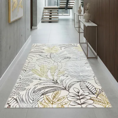 Produktbild von Kurzflorteppich Creme mit Blätterdesign Glanzoptik weich pflegeleicht für Wohnzimmer Schlafzimmer Größe - 80 x 150 cm