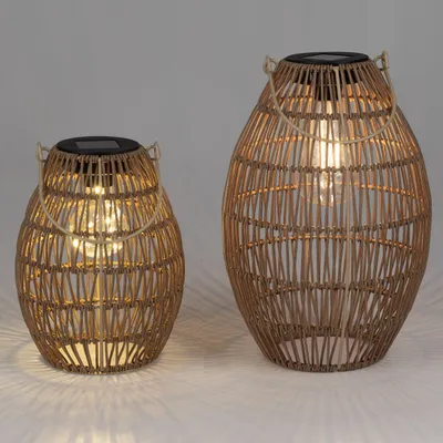 Produktbild von 2er Set Solar Laternen H. 21 + 30cm bauchig Rattan Optik braun Formano