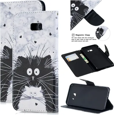 Produktbild von Für Samsung J4 Plus/J6 Plus Cartoon Handy Shell Delicate Smartphone Case Kunstleder Overall Schutz Geldbörse Design Schwarz weiß Katze
