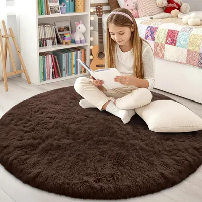 Image de Tapis rond à poils longs, 120x120 cm, couleur café, base antidérapante, lavable en machine à 30°C