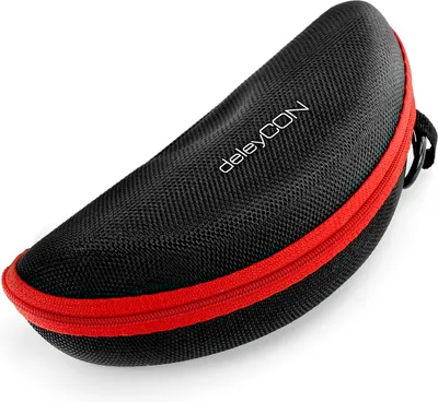 Produktbild von deleyCON Brillenetui Hardcase Hartschalen Etui Brillentasche Brillenbox Hardcover Tasche Sportbrillen Fahrradbrillen Brillen Lesebrillen Sonnenbrillen Brillenputztuch - Schwarz Rot