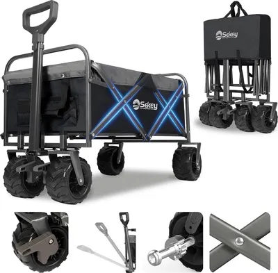 Produktbild von Sekey 200 kg Schwerlast Bollerwagen Faltbar, mit 17x10 cm PolyurethanReifen – Ideal für den Strand, Schwarz und Grau