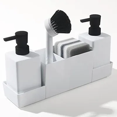 Image de Distributeur de savon de cuisine avec tuyau d'évier - Distributeur de savon pour les mains et de liquide vaisselle avec brosse