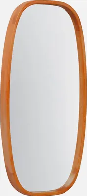A mirror with a wooden frame against a white background.